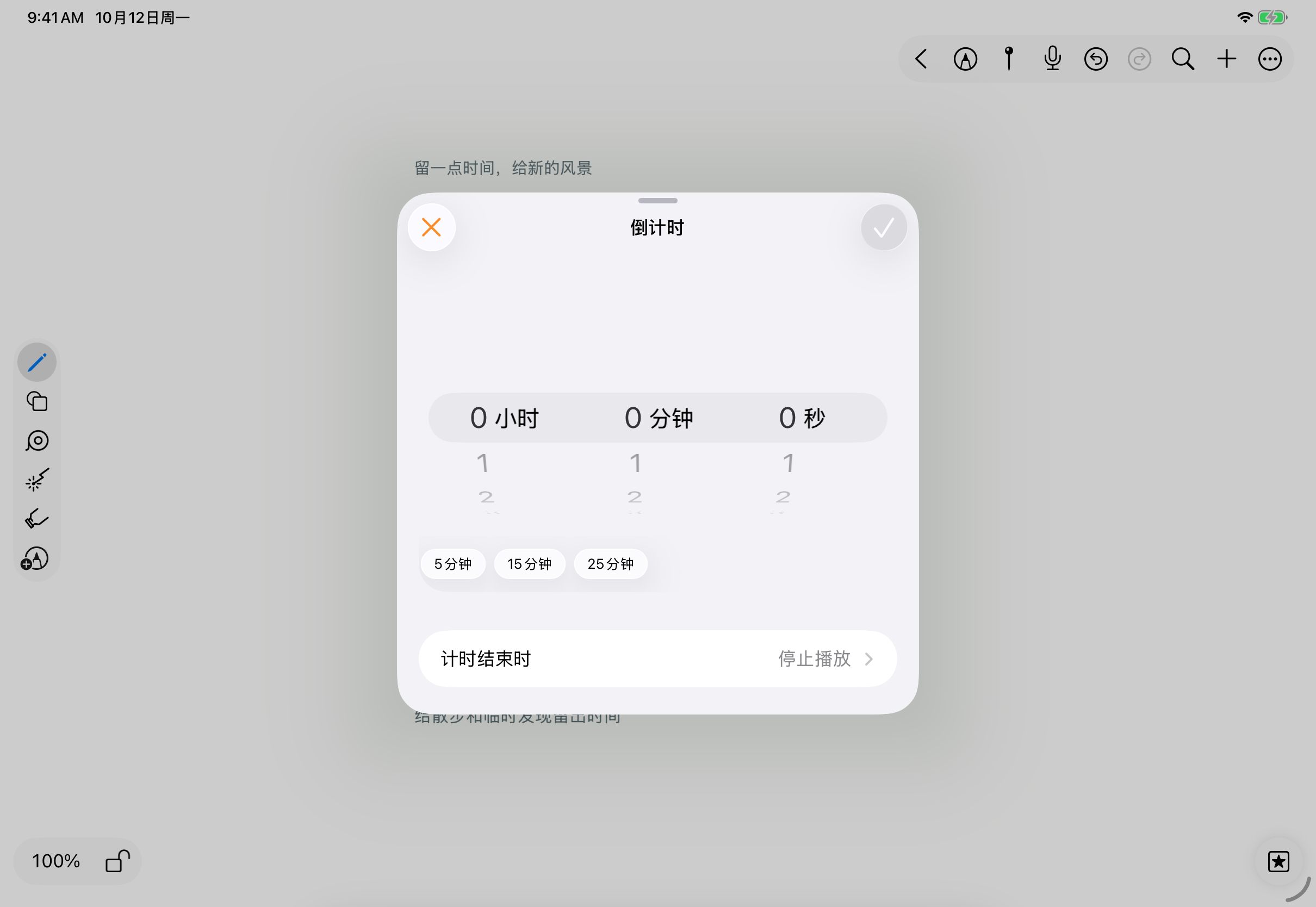 iPad倒计时初始面板显示0小时0分钟0秒、三个时长预设,以及计时结束时的停止播放选项。